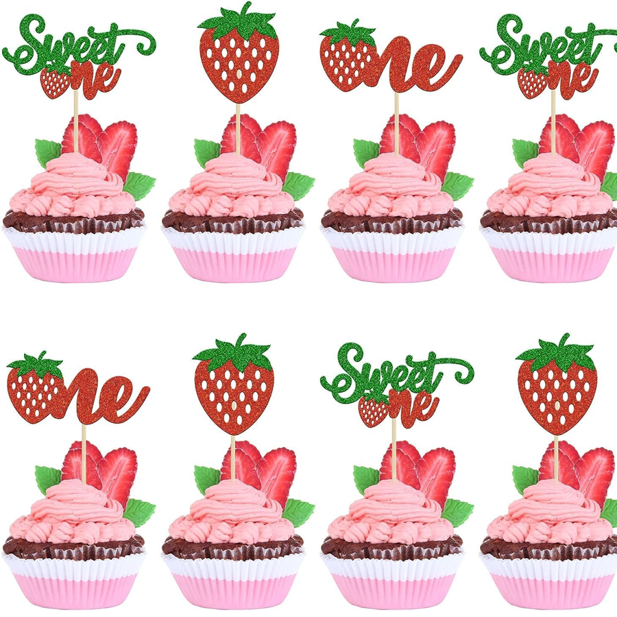 Glitter Strawberry Cupcake Topper for Summer Birthday Wedding Party Baby Shower