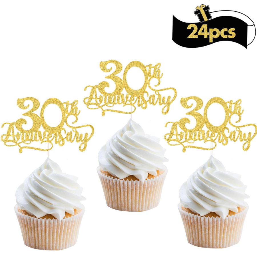 Gold Glitter 30th Anniversary Cupcake Topper for Birthday Wedding Anniversary Party